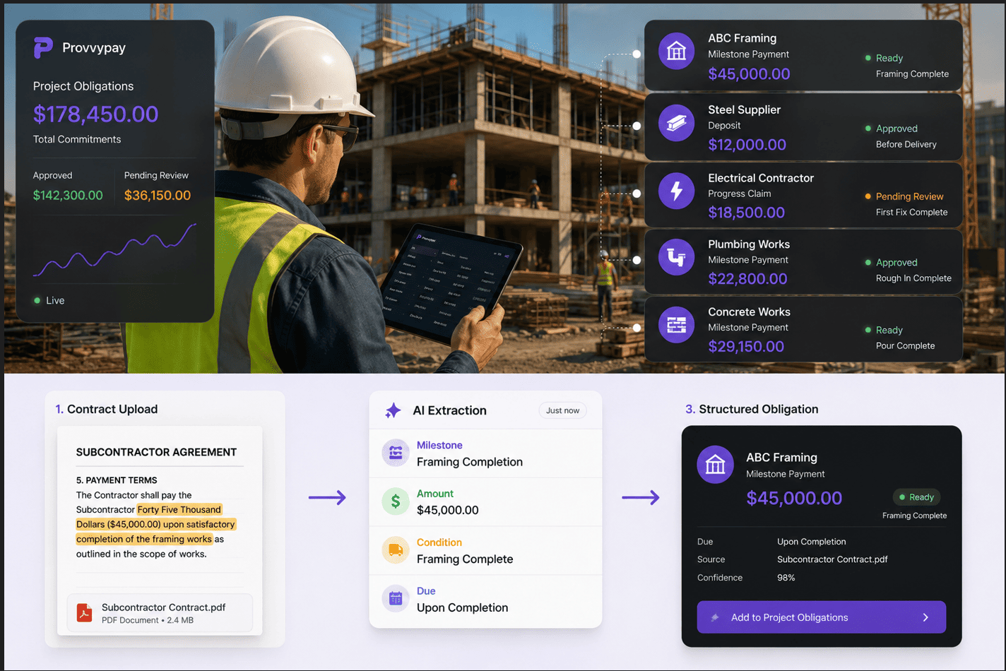 Construction site project obligations dashboard showing subcontractor and supplier payment readiness